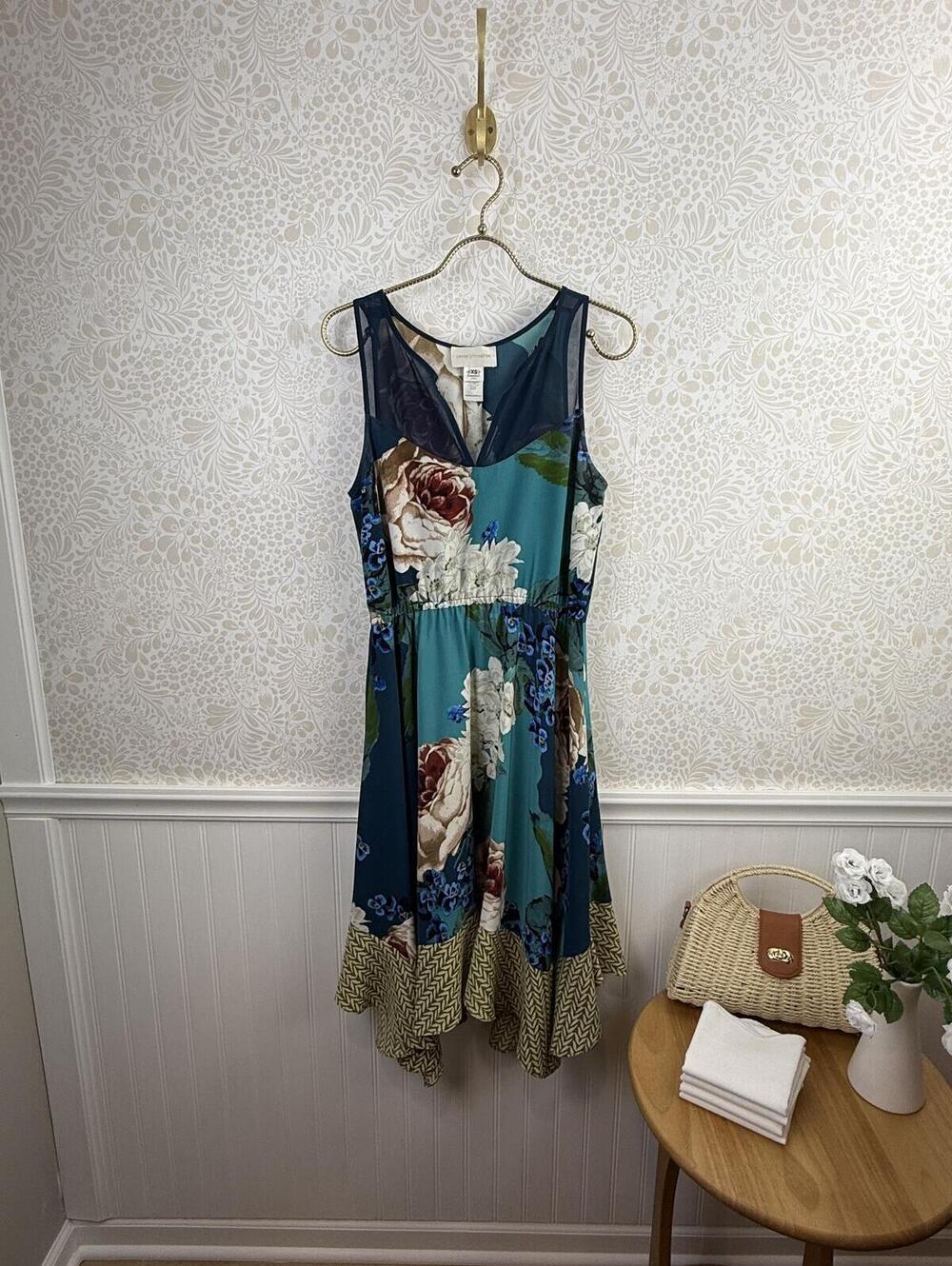 Corey Lynn Calter Sleeveless Teal Blue Floral Midi Floral Dress - Size - XS